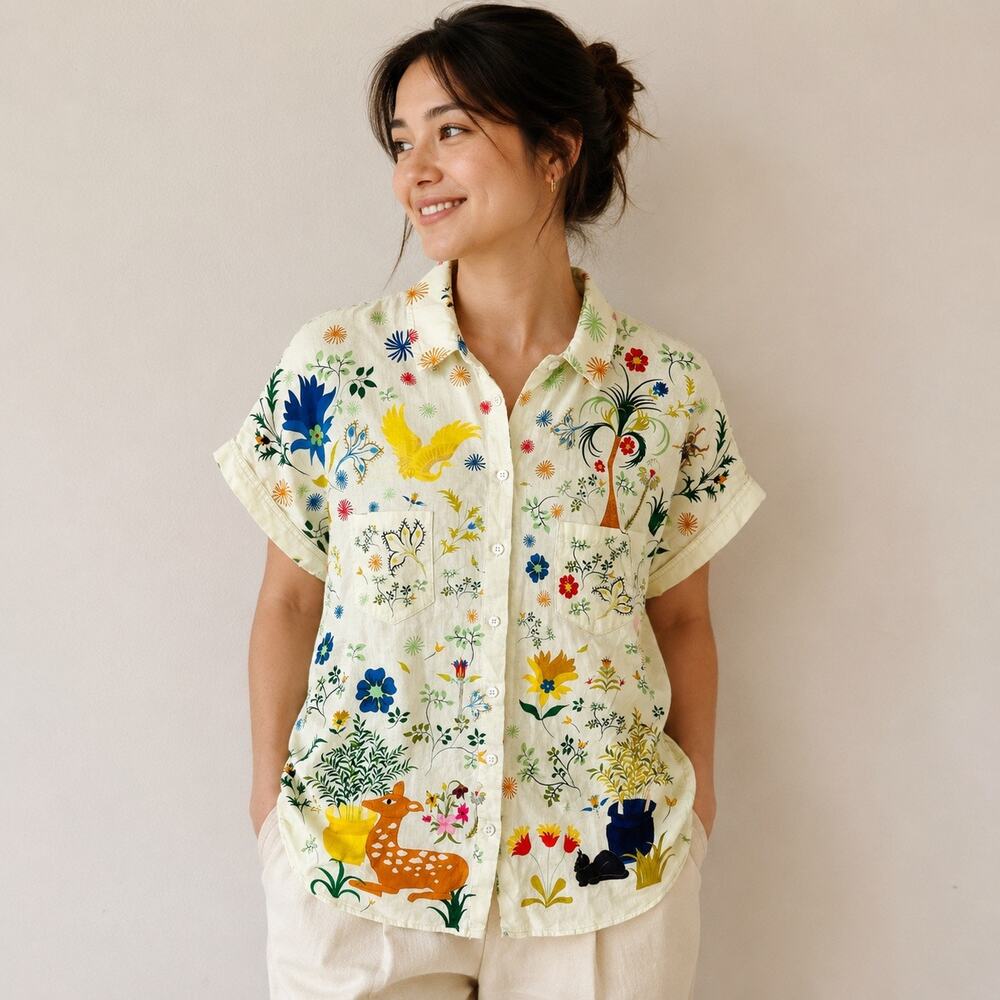 Cream Floral Embroidered Short-Sleeve Button-Up Blouse
